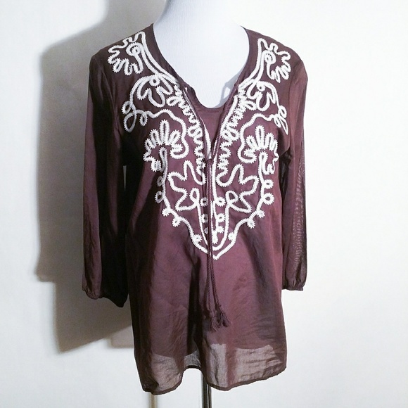 Jones New York Tops - Jones New York Embroidered Brown Peasant Top